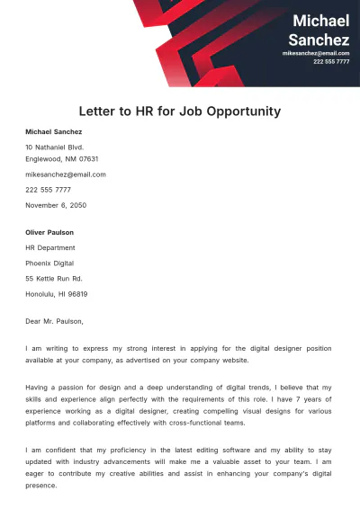 Free Letter to HR for Job Opportunity Template to Edit Online