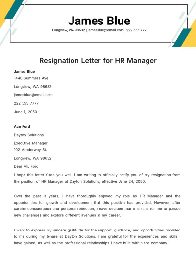 Free Resignation Letter for HR Manager Template to Edit Online