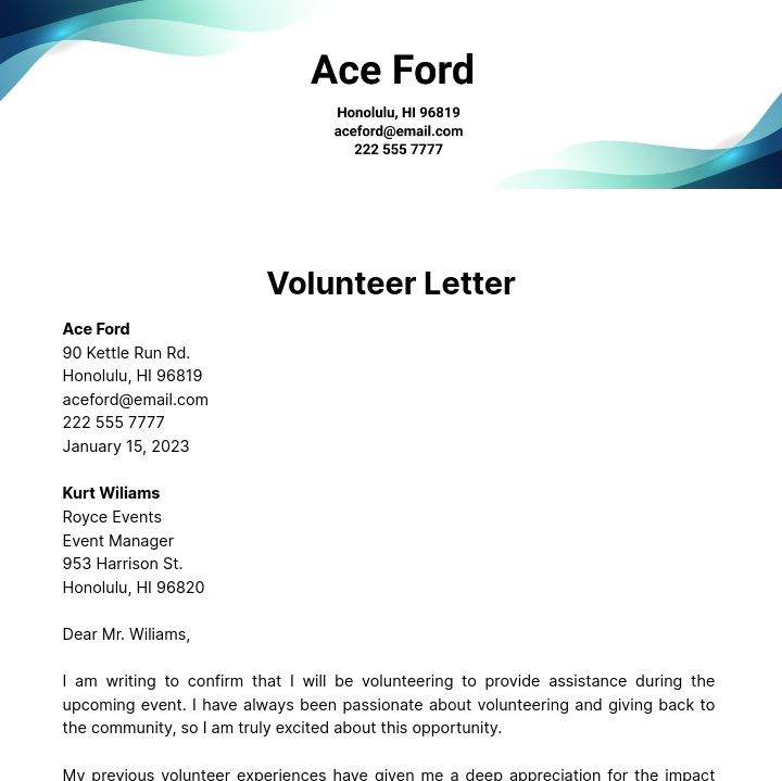 Volunteer Letter Template