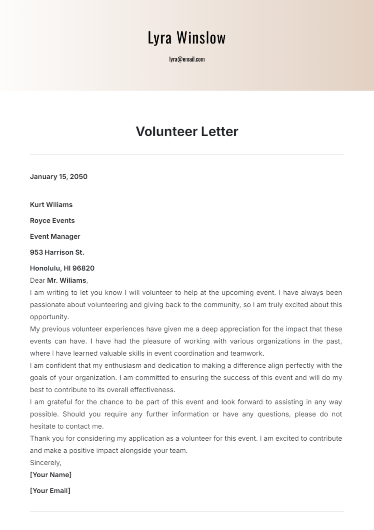 Volunteer Letter Template - Edit Online & Download