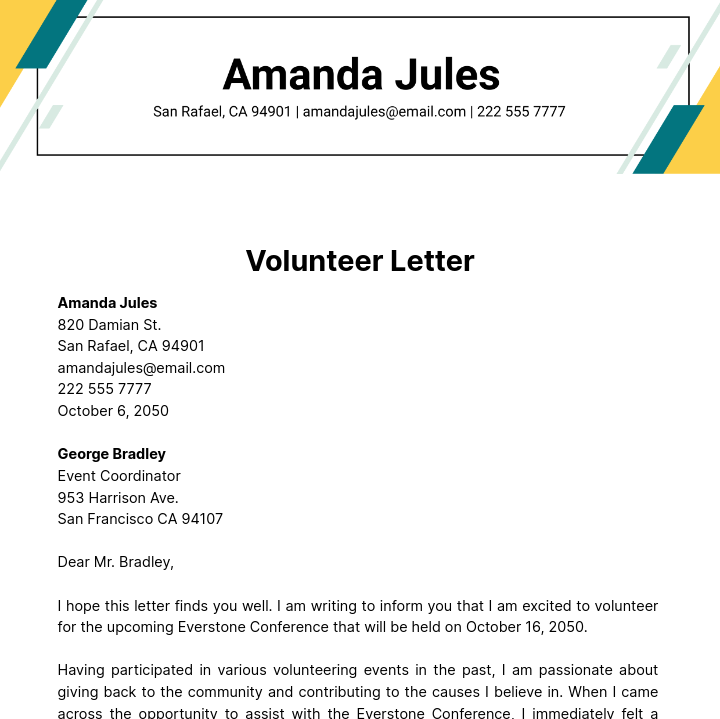Volunteer Letter Format Template