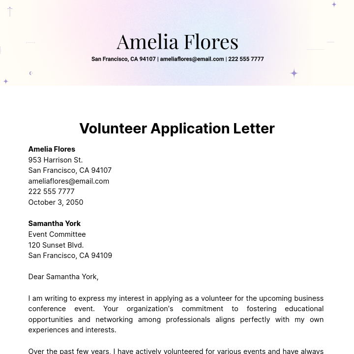 Volunteer Application Letter Template
