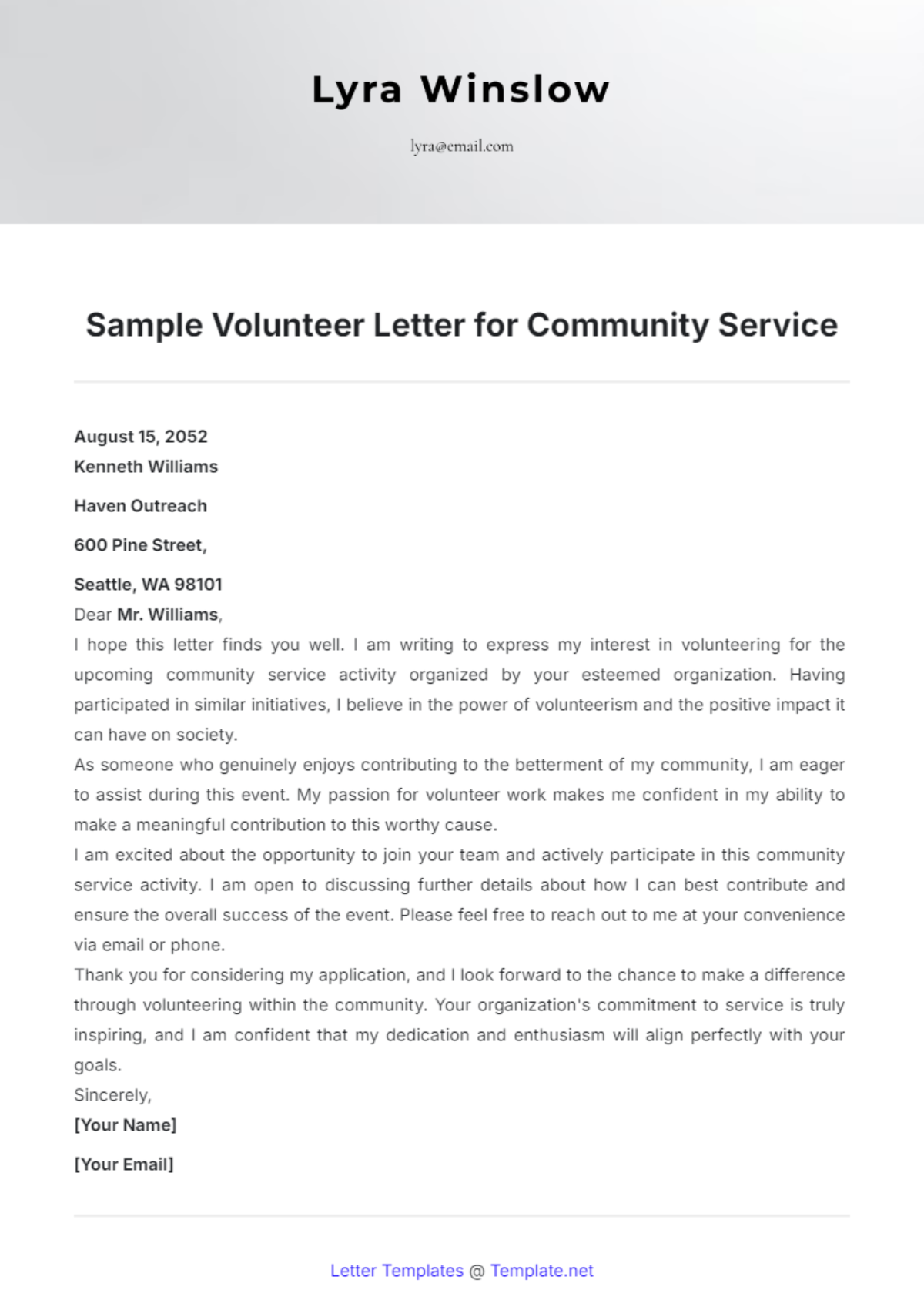 Sample Volunteer Letter for Community Service Template - Edit Online & Download