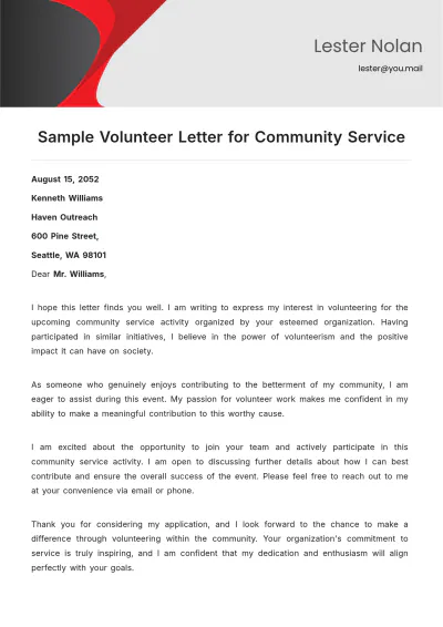 Free Sample Volunteer Letter for Community Service Template to Edit Online