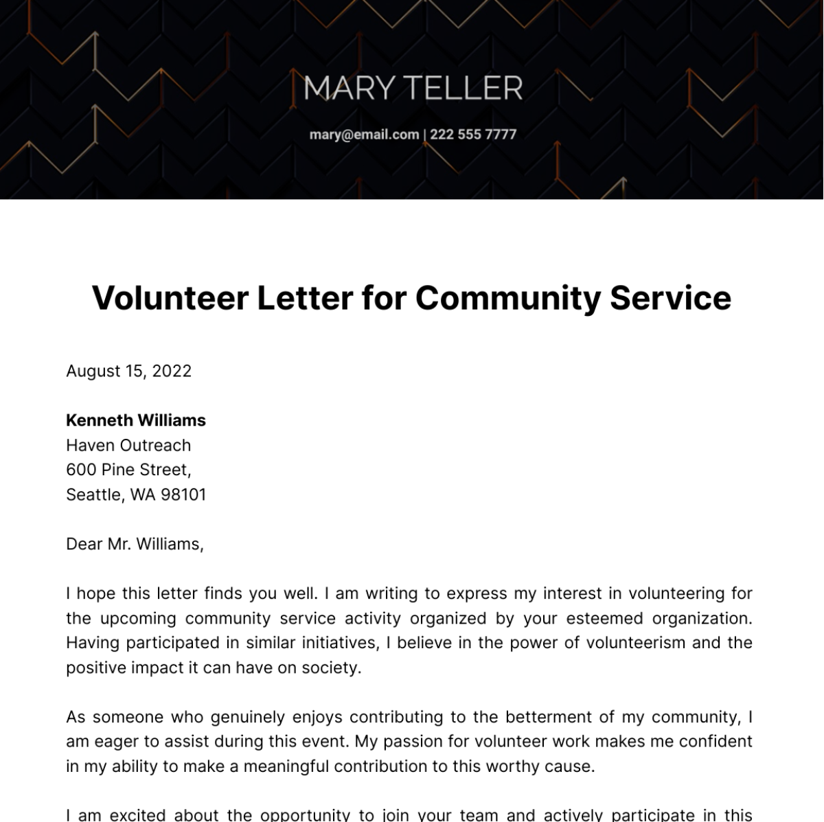 Volunteer Letter for Community Service Template