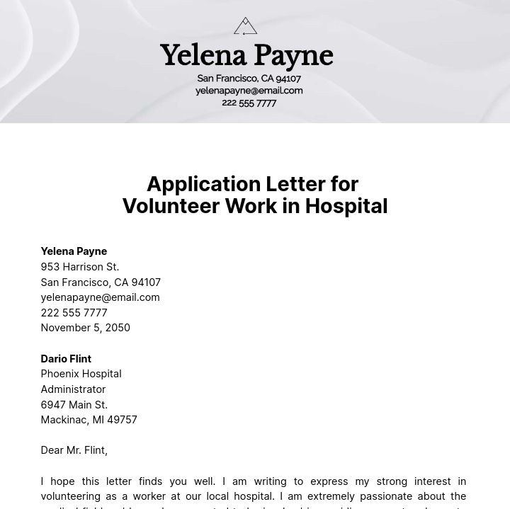 Application Letter for Volunteer Work in Hospital Template