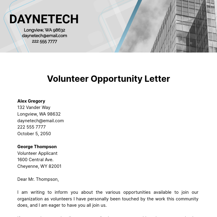 Free Volunteer Opportunity Letter Template