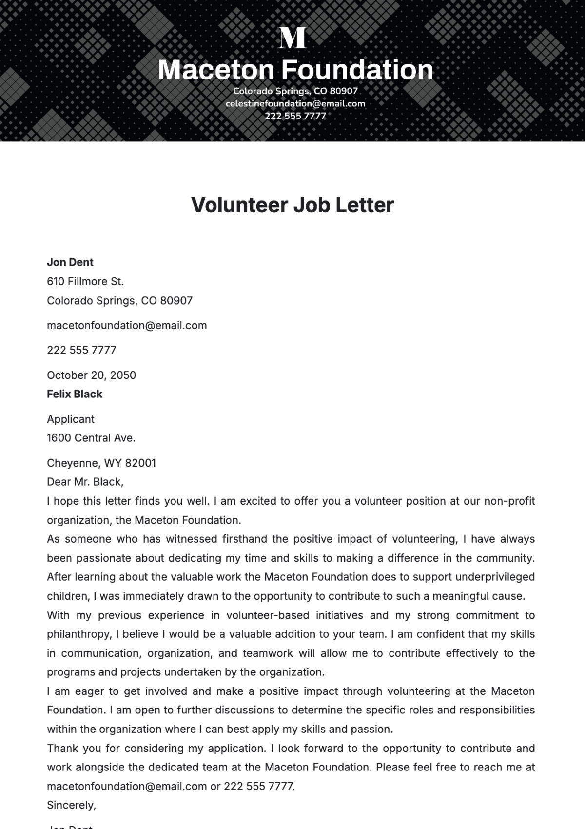 Volunteer Job Letter Template - Edit Online & Download