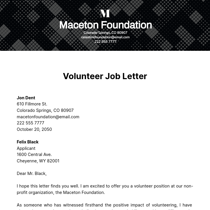 Volunteer Job Letter Template