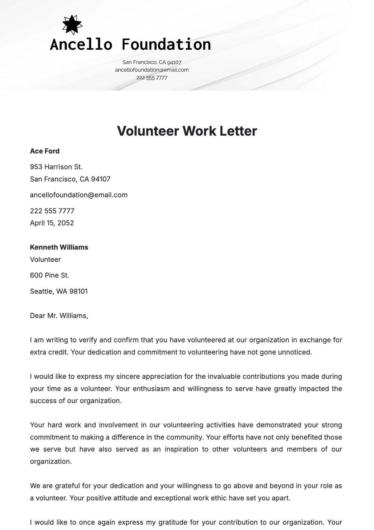 Volunteer Work Letter Template - Edit Online & Download