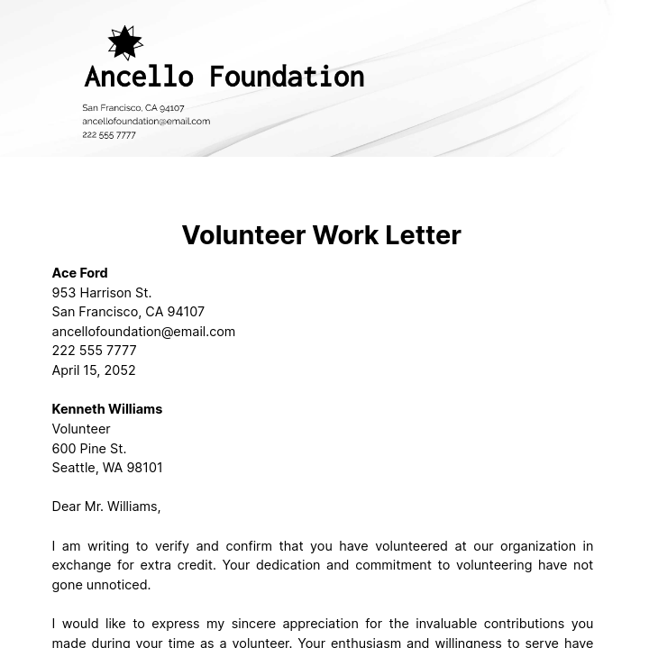 Volunteer Work Letter Template