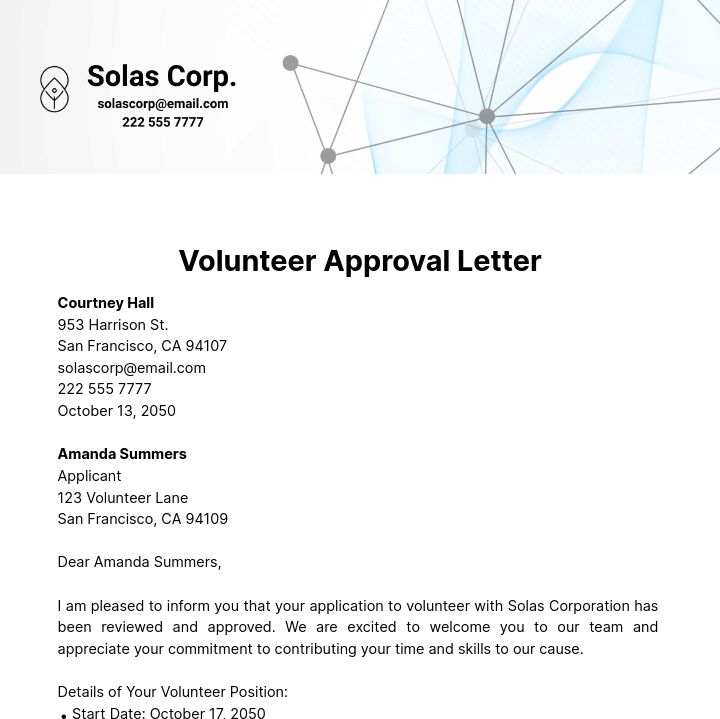 Volunteer Approval Letter Template