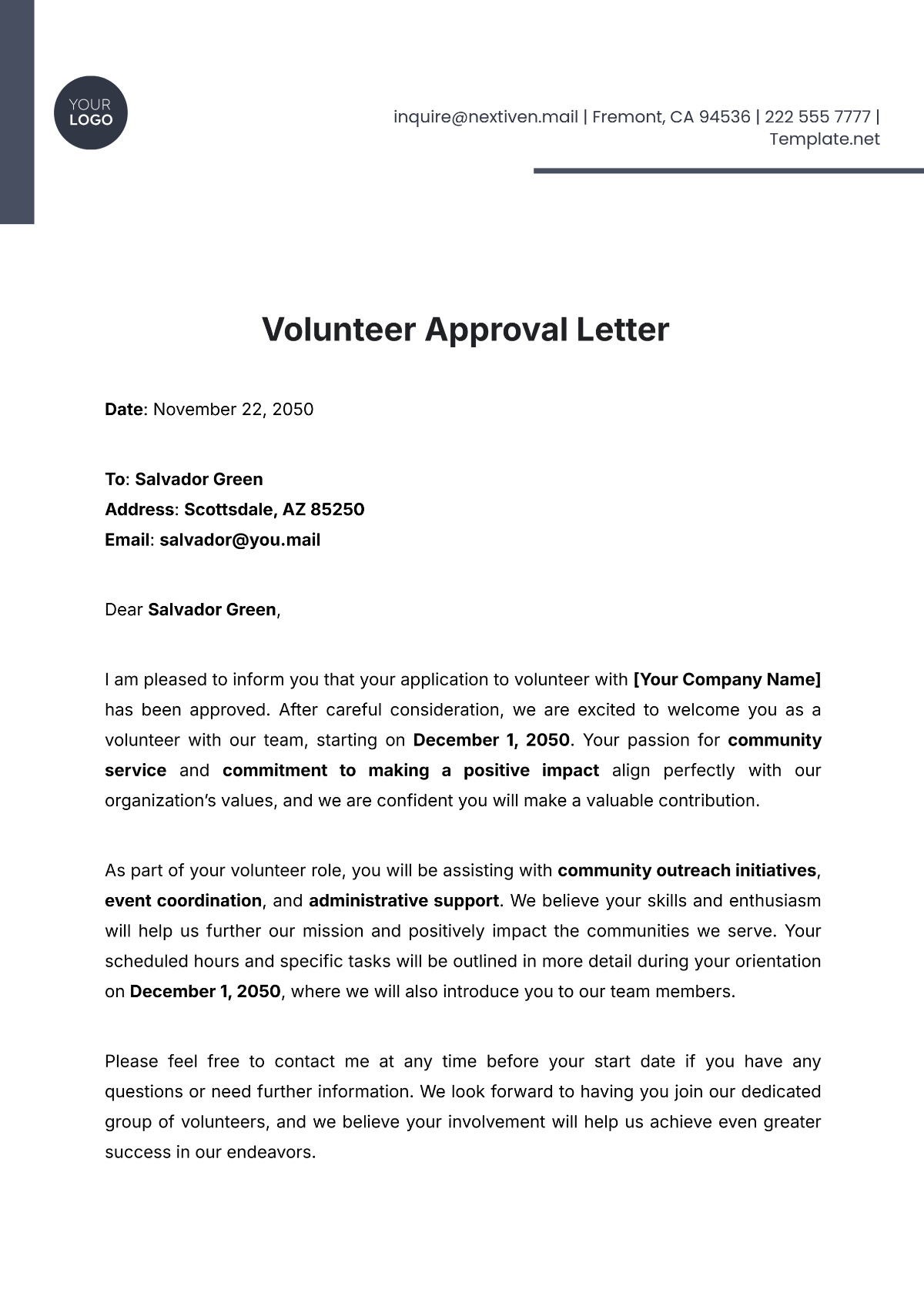 Volunteer Approval Letter Template - Edit Online & Download