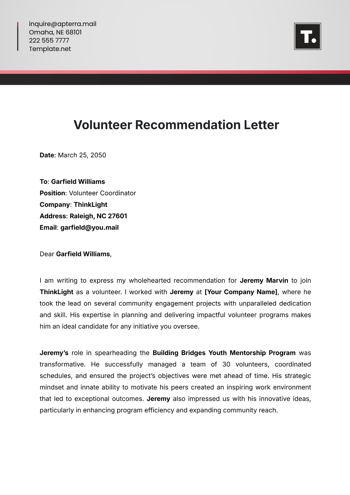 Volunteer Recommendation Letter Template - Edit Online & Download