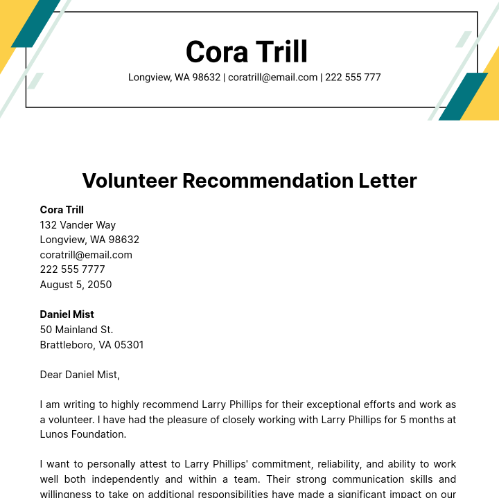 Volunteer Recommendation Letter Template