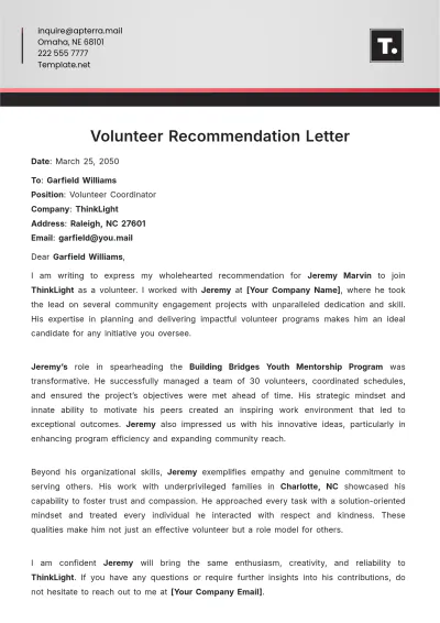 Free Volunteer Recommendation Letter Template to Edit Online