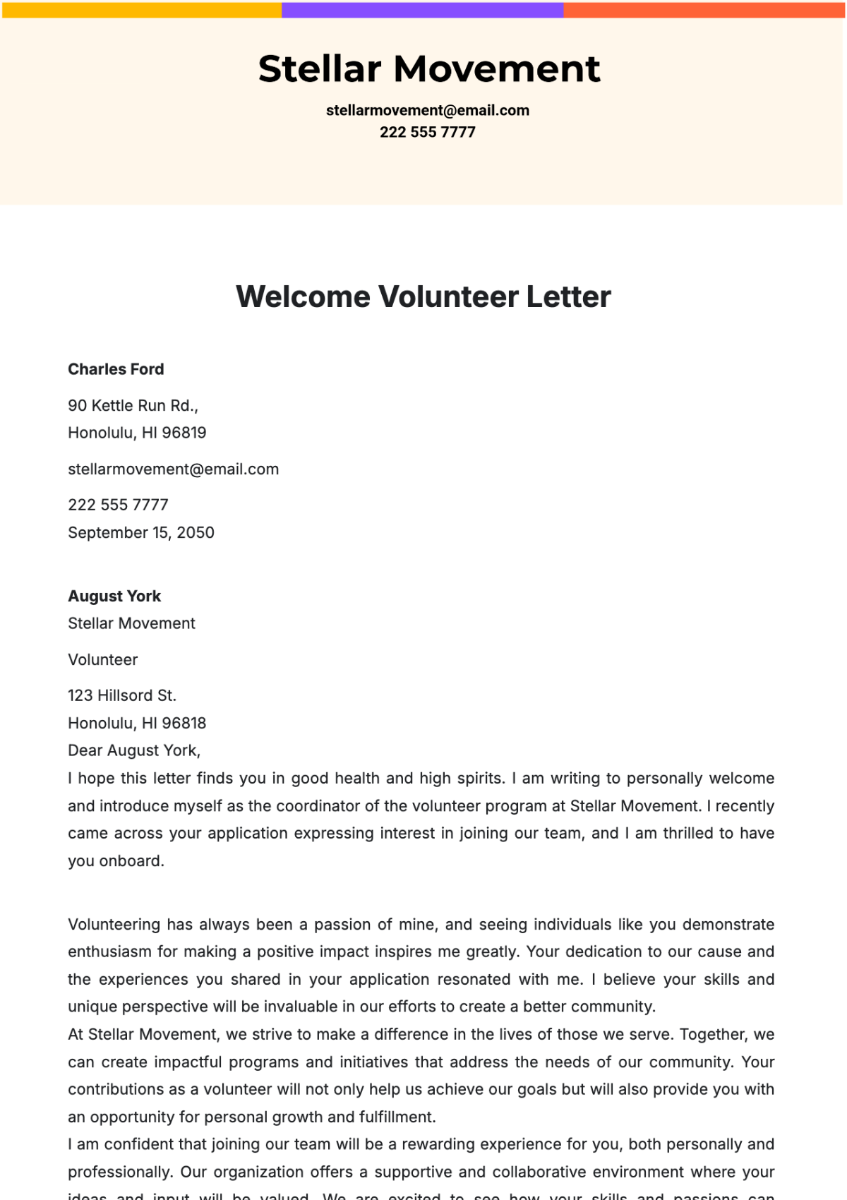 Welcome Volunteer Letter Template - Edit Online & Download