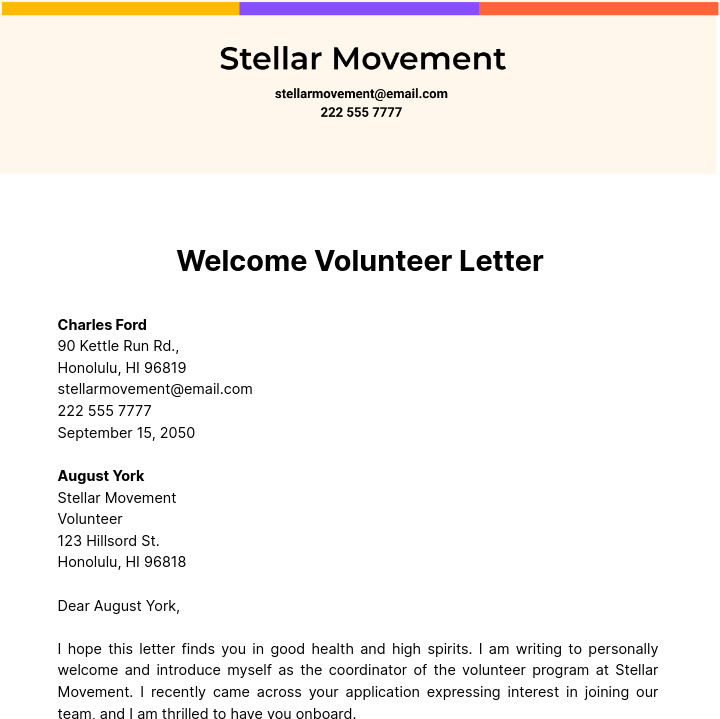 Welcome Volunteer Letter Template