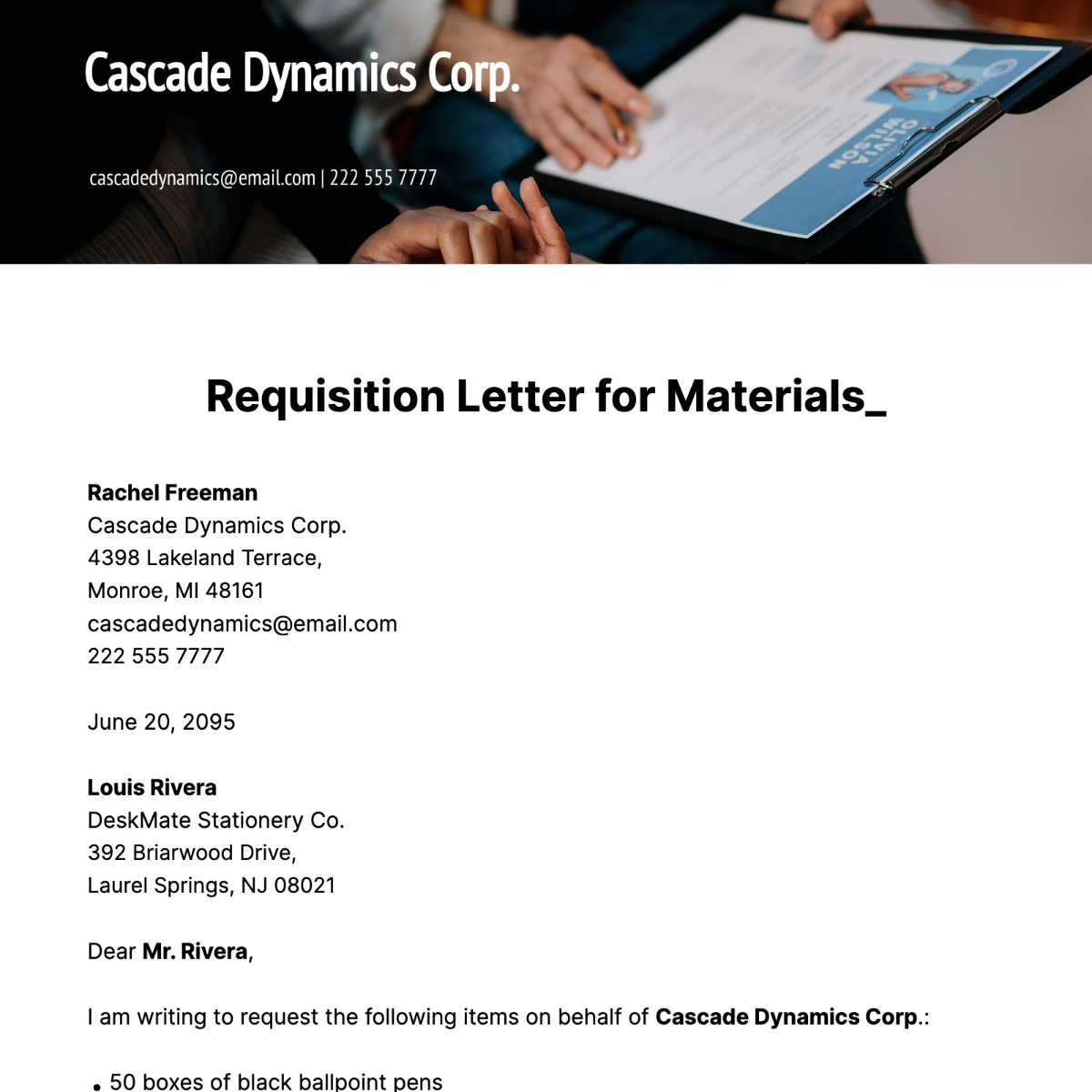 Requisition Letter for Material Template