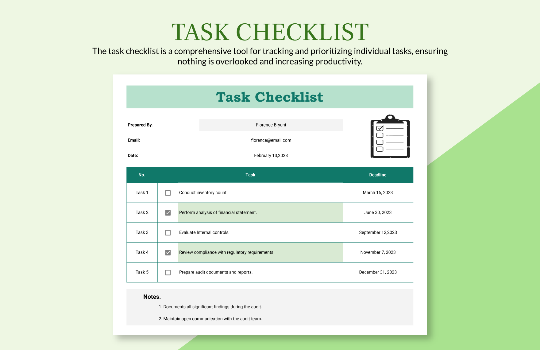 Task Checklist Template Excel