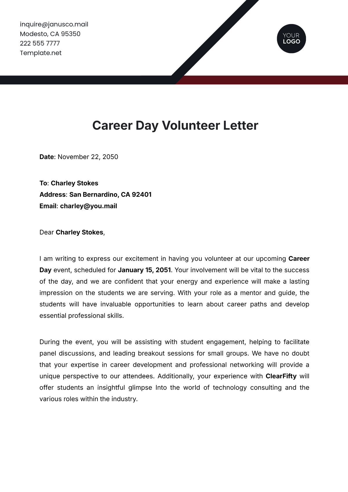 Career Day Volunteer Letter Template - Edit Online & Download