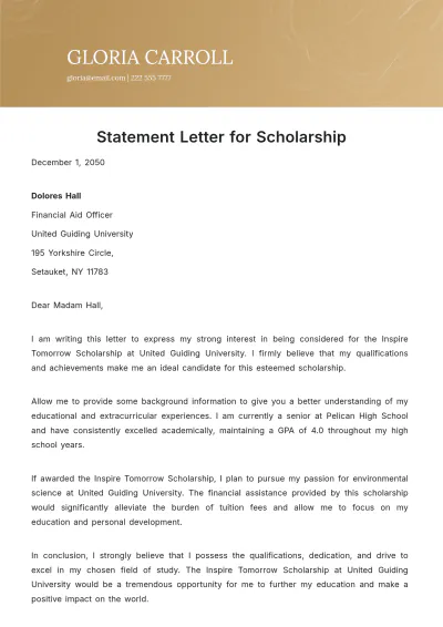 Free Statement Letter for Scholarship Template to Edit Online