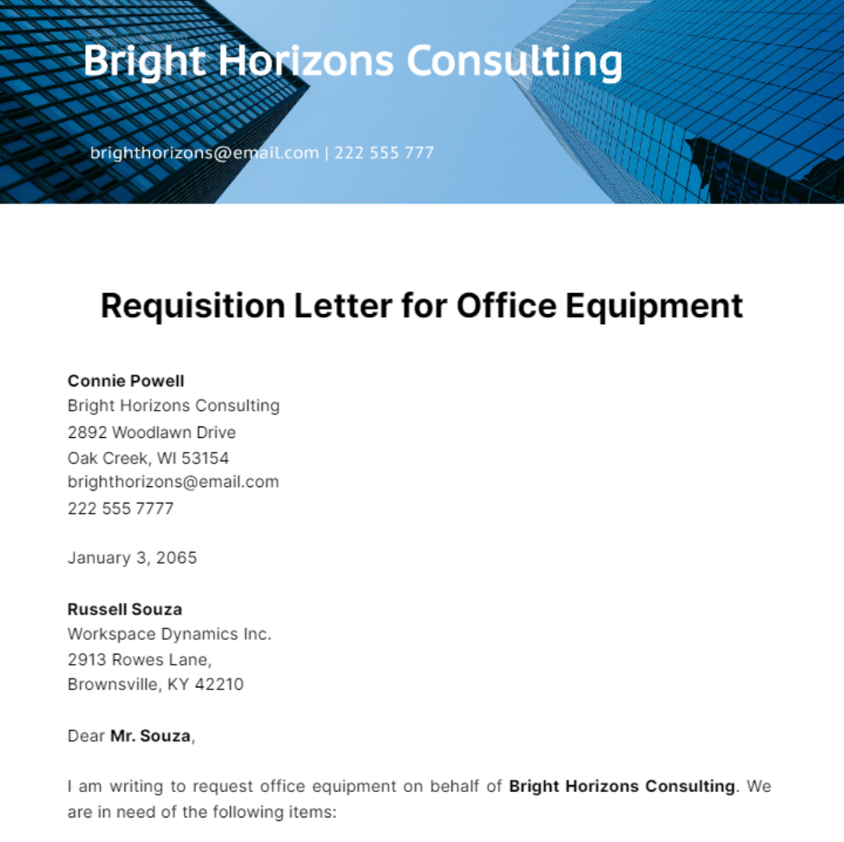Requisition Letter for Office Equipment Template