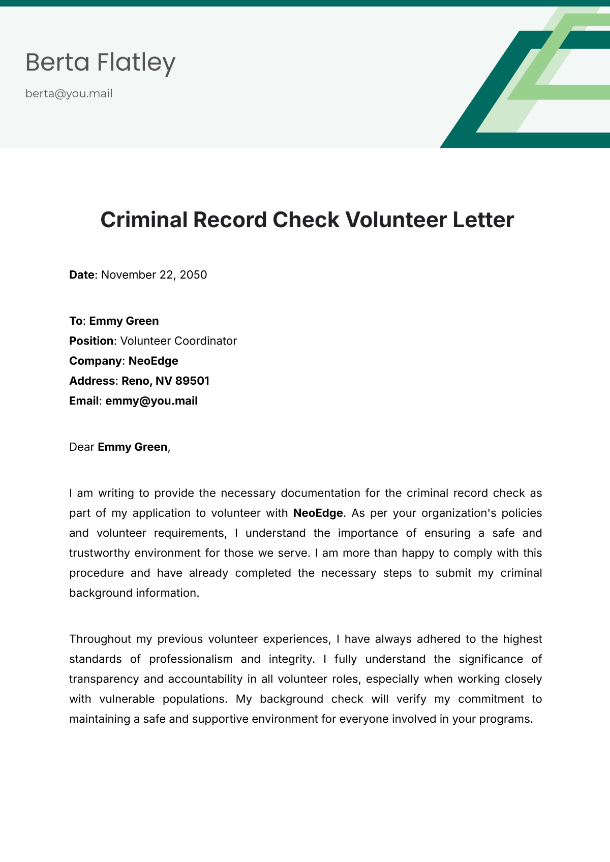 Criminal Record Check Volunteer Letter Template - Edit Online & Download