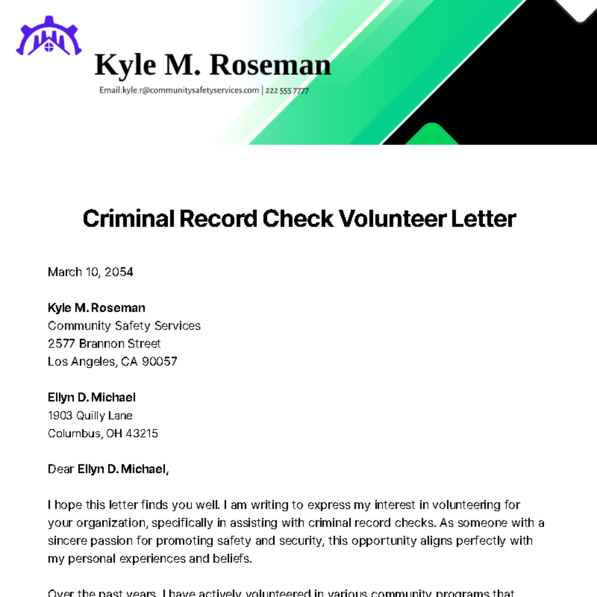 Criminal Record Check Volunteer Letter Template