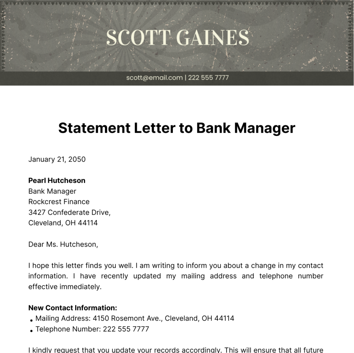 Statement Letter to Bank Manager Template