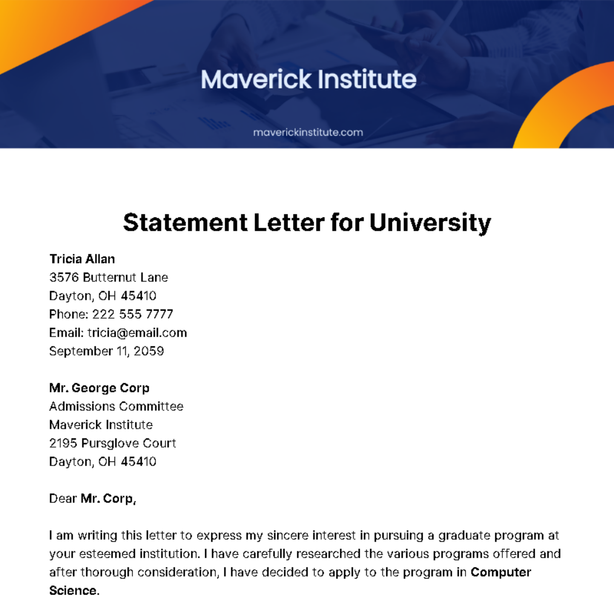 Statement Letter for University Template