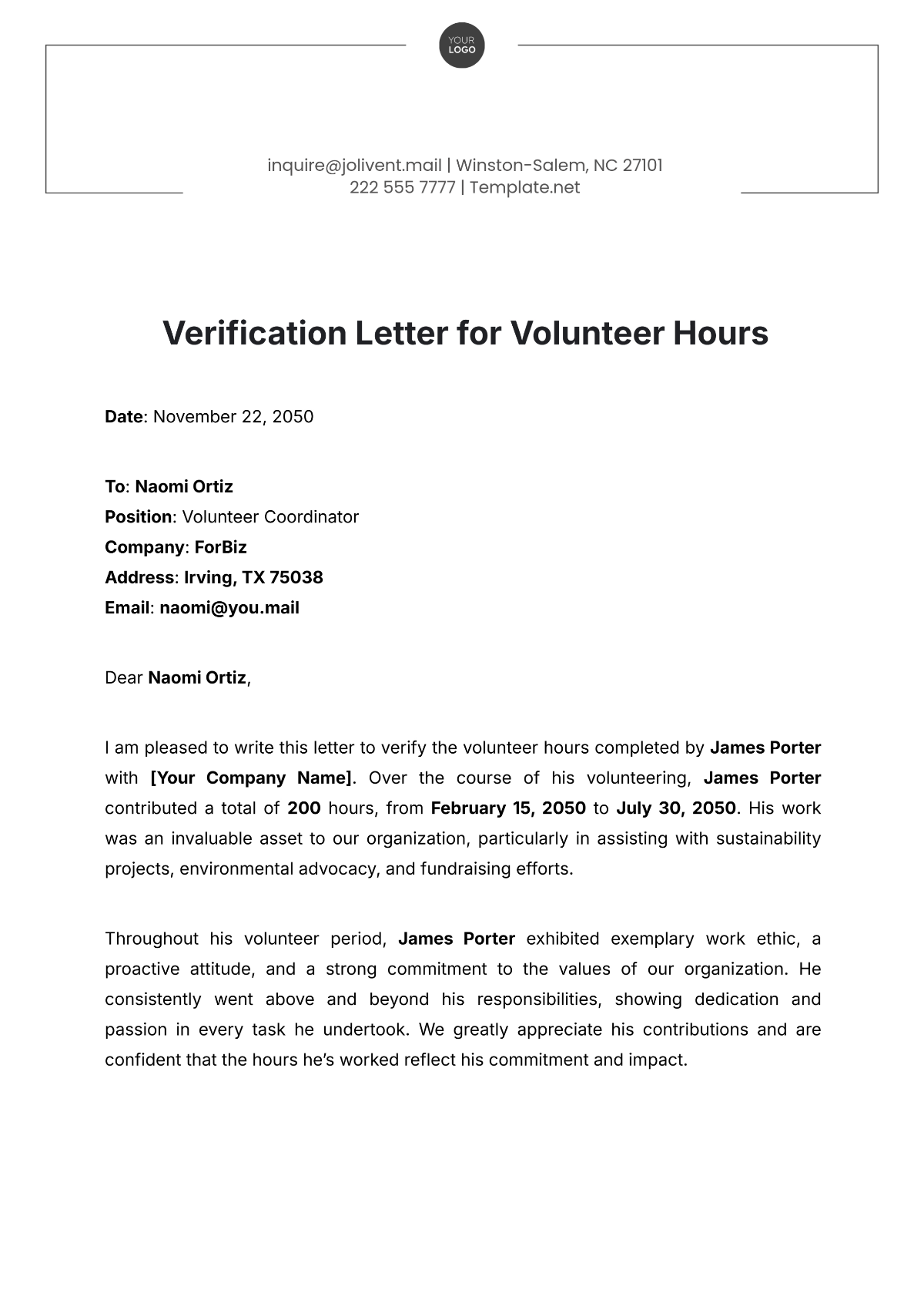 Verification Letter for Volunteer Hours Template - Edit Online & Download