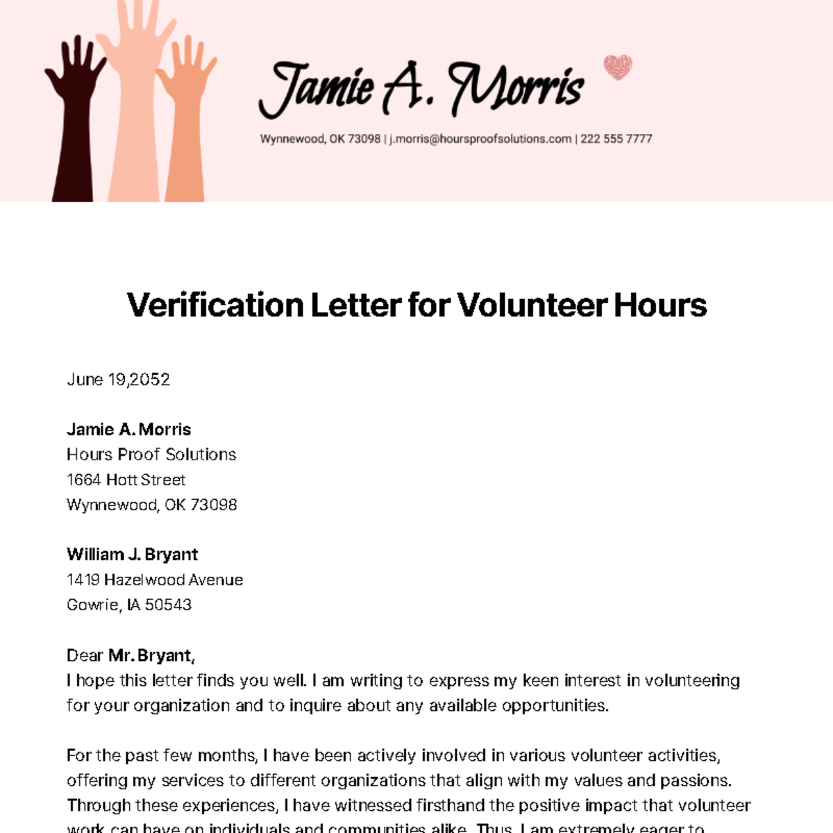 Free Verification Letter for Volunteer Hours Template