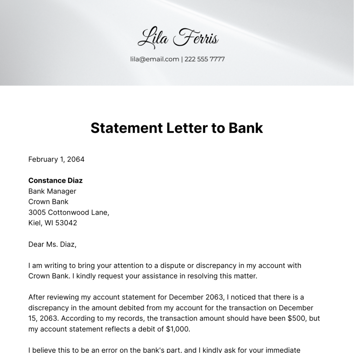 Statement Letter to Bank Template