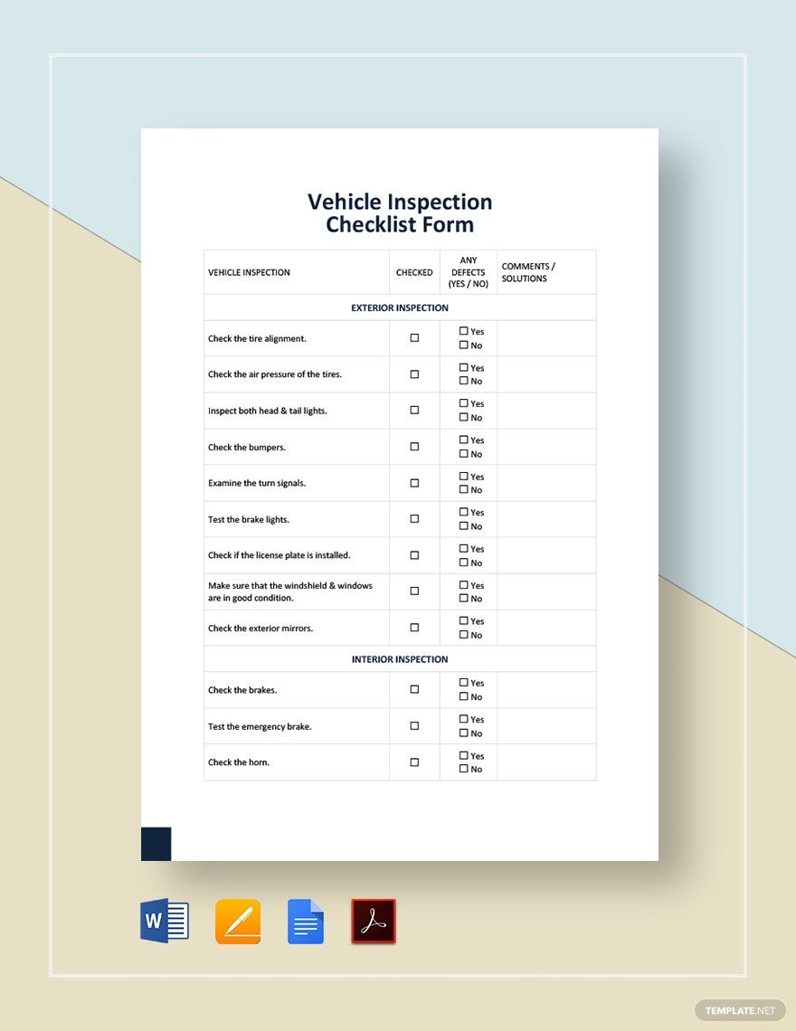 Vehicle Inspection Checklist Form Template in Word, Google Docs, PDF, Apple Pages