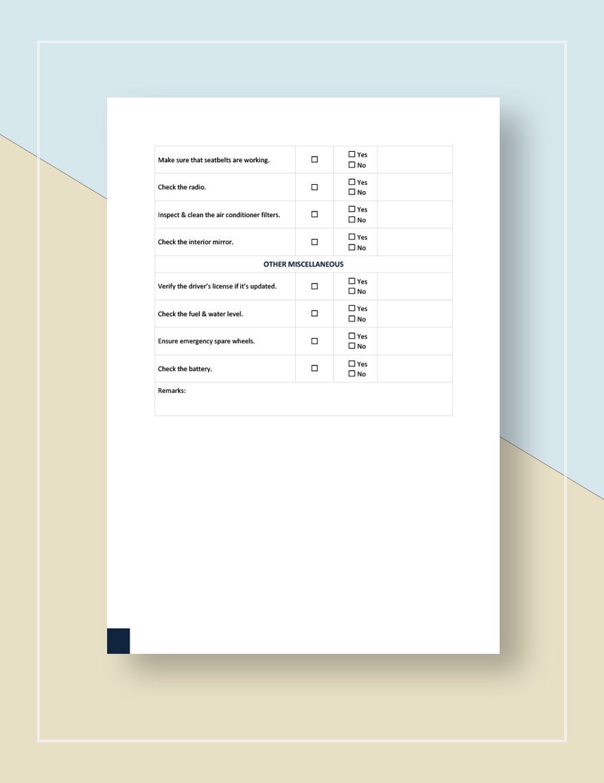 Vehicle Inspection Checklist Form Template
