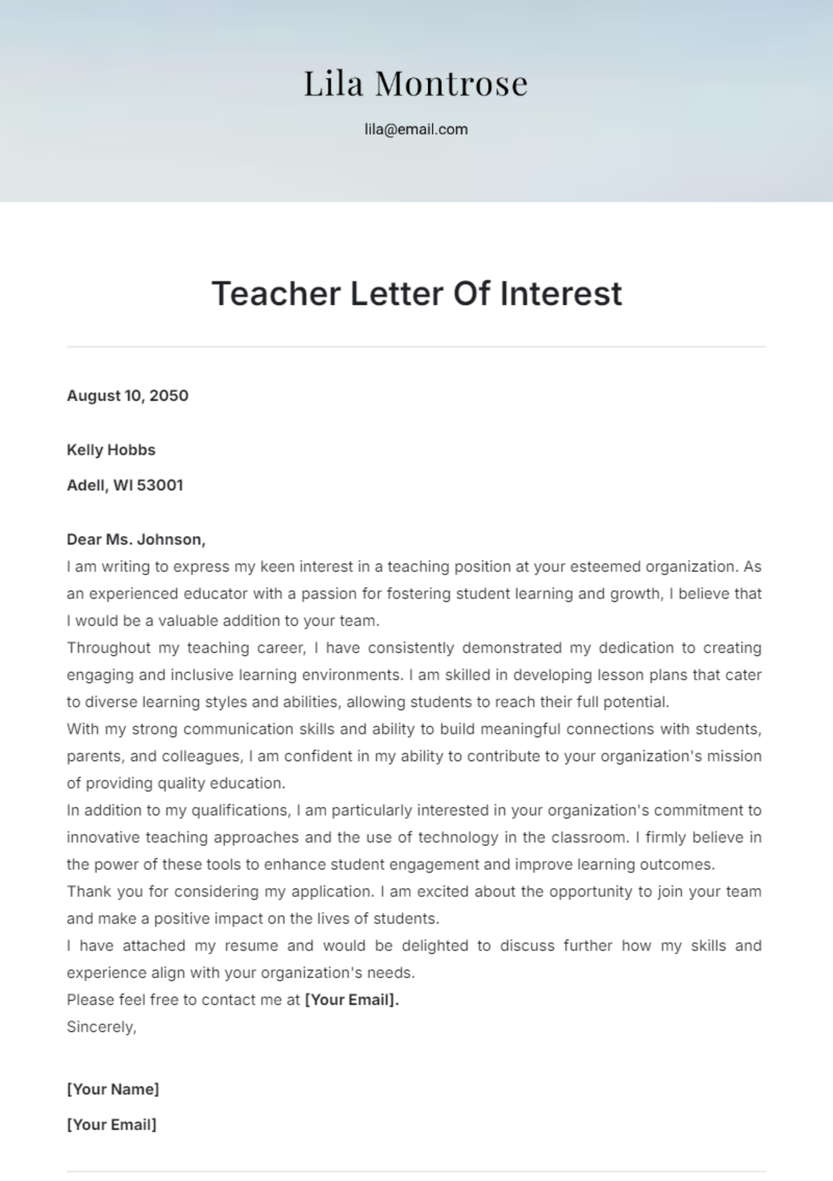 Teacher Letter Of Interest Template - Edit Online & Download