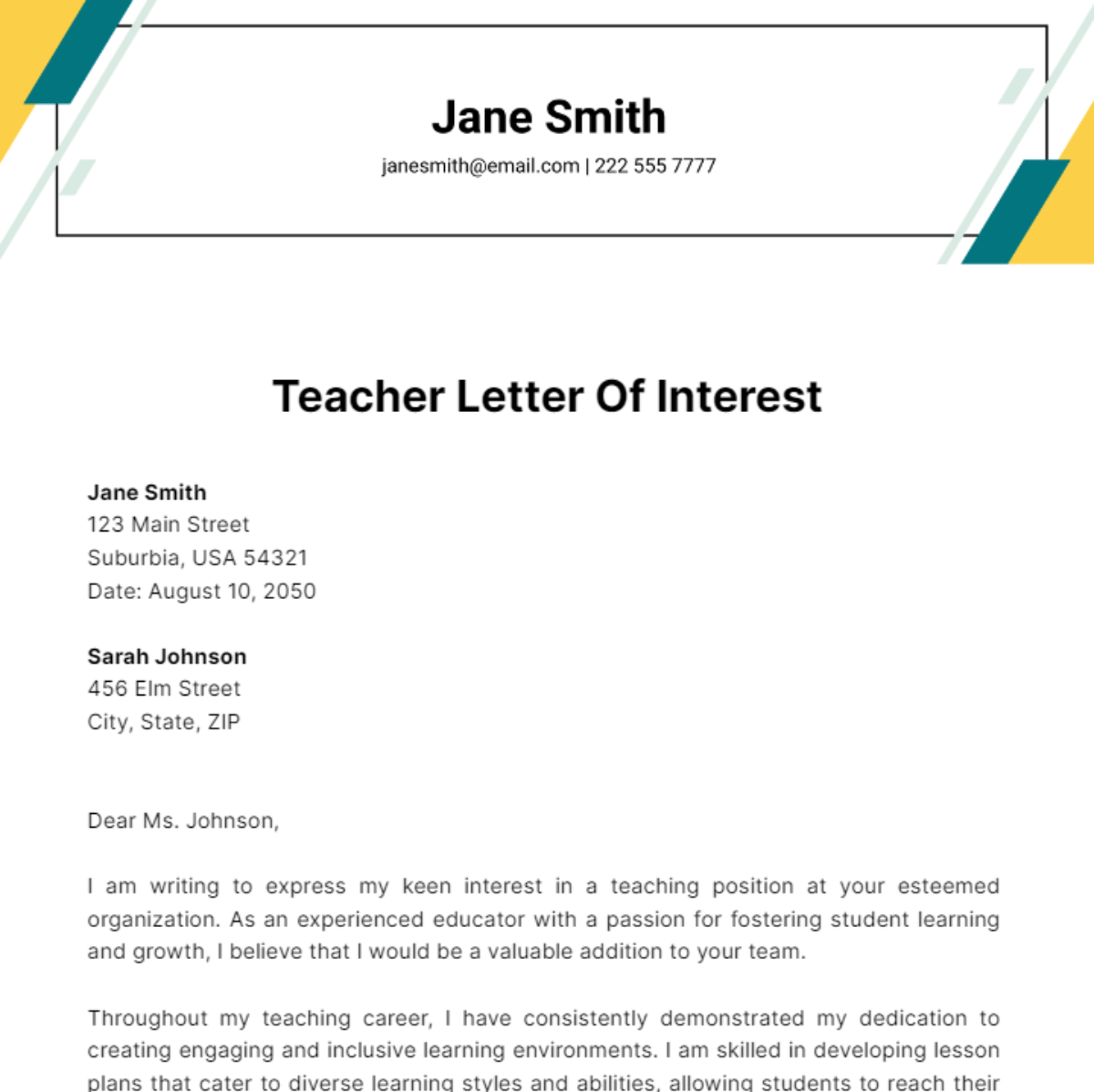 Teacher Letter Of Interest Template