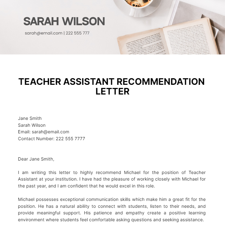 Teacher Assistant Recommendation Letter Template