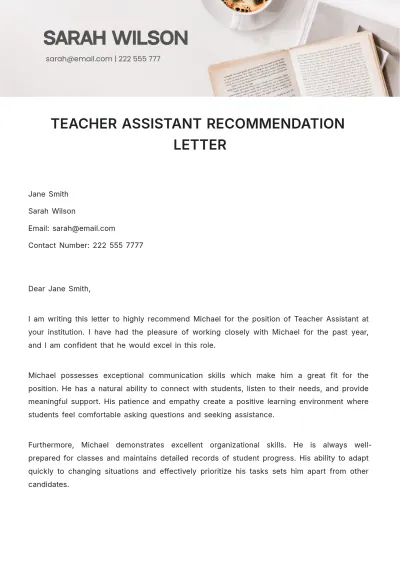 Free Teacher Assistant Recommendation Letter Template to Edit Online