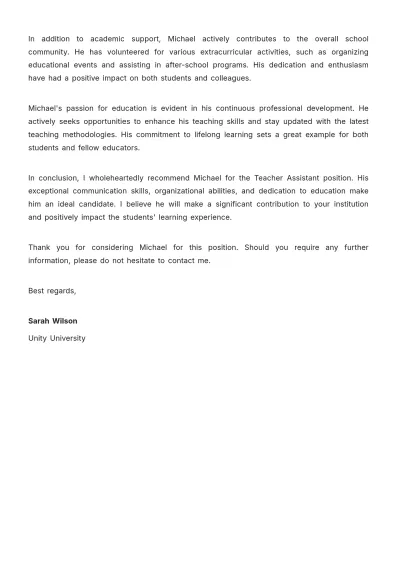 Free Teacher Assistant Recommendation Letter Template to Edit Online