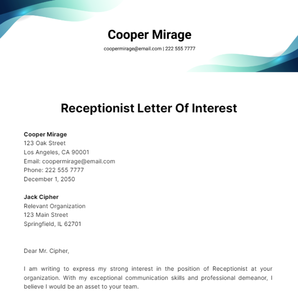 Receptionist Letter Of Interest Template