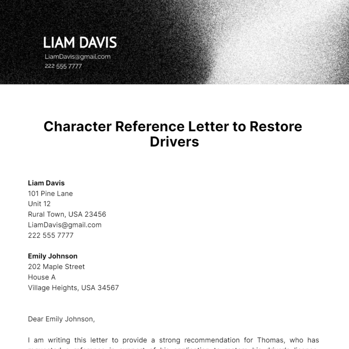 Character Reference Letter to Restore Drivers Template