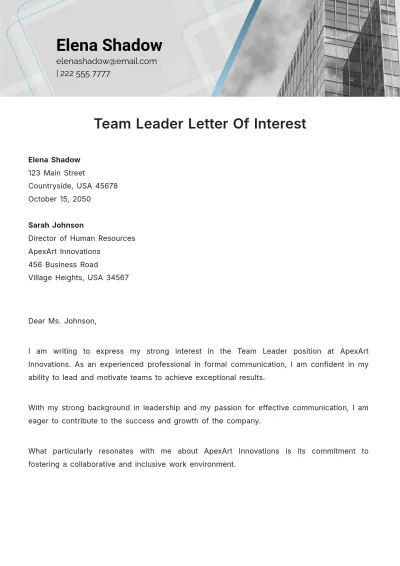 Free Team Leader Letter Of Interest Template to Edit Online
