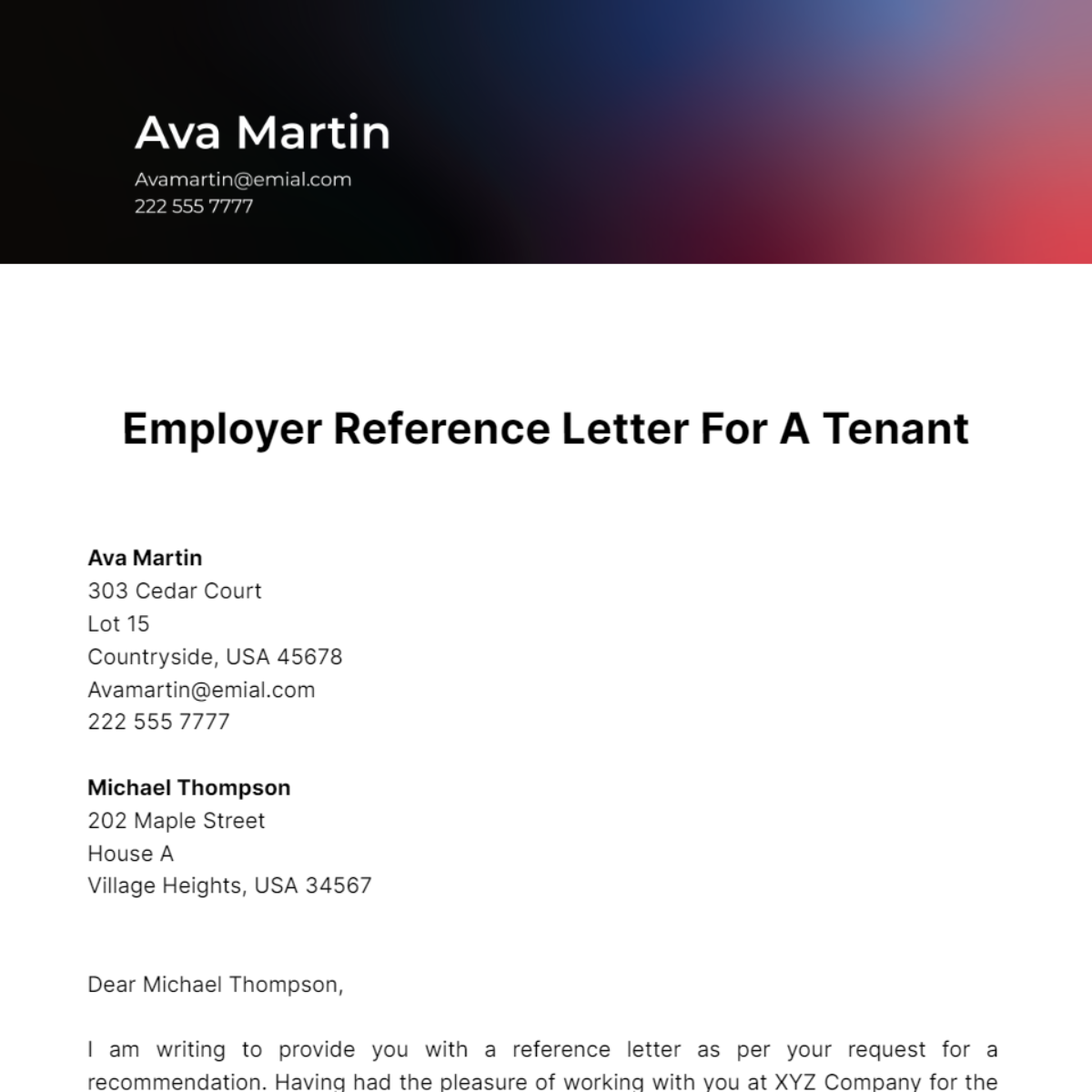 Employer Reference Letter For A Tenant Template
