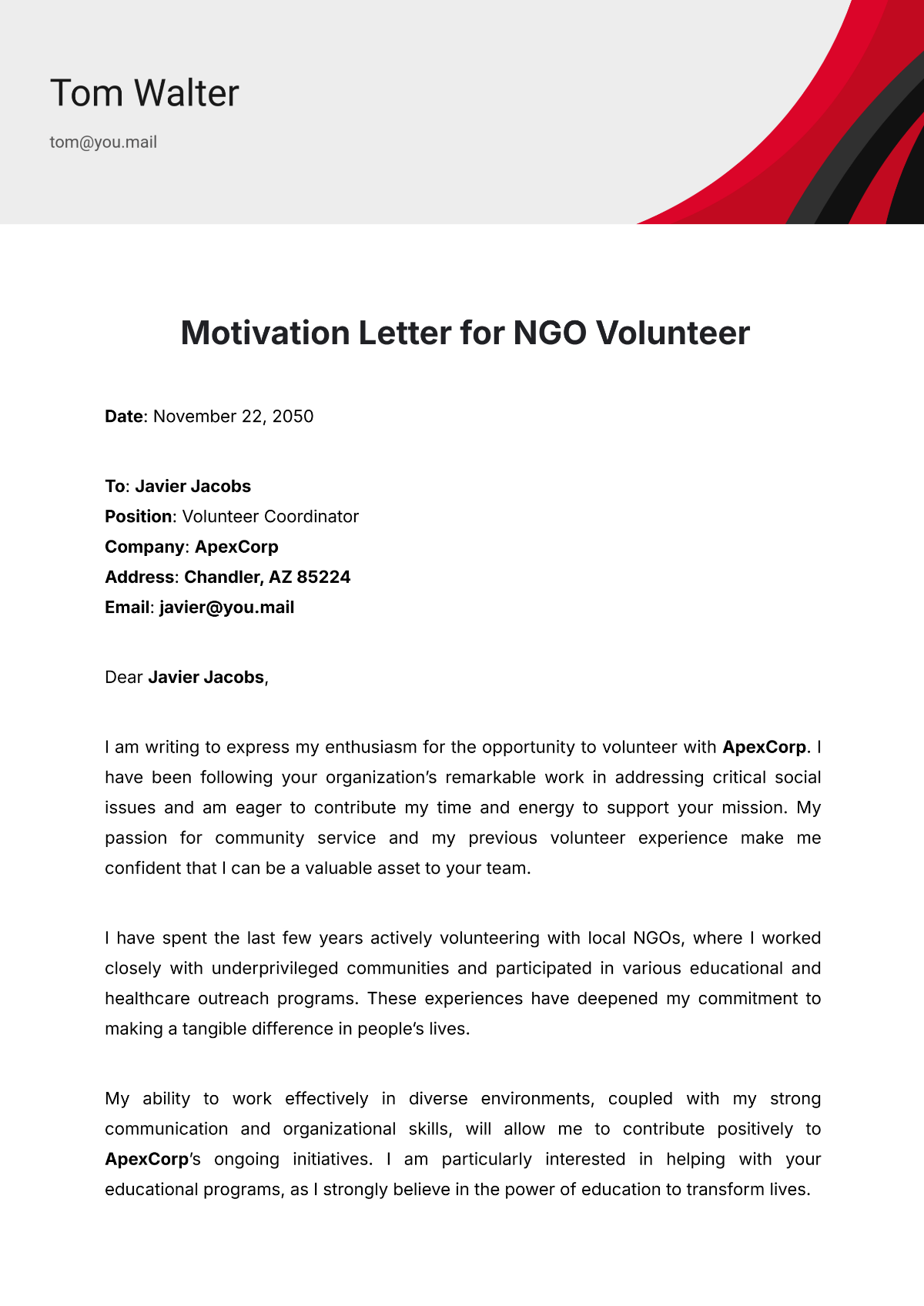 Motivation Letter for NGO Volunteer Template - Edit Online & Download