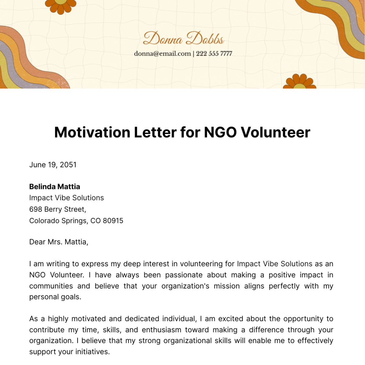 Motivation Letter for NGO Volunteer Template