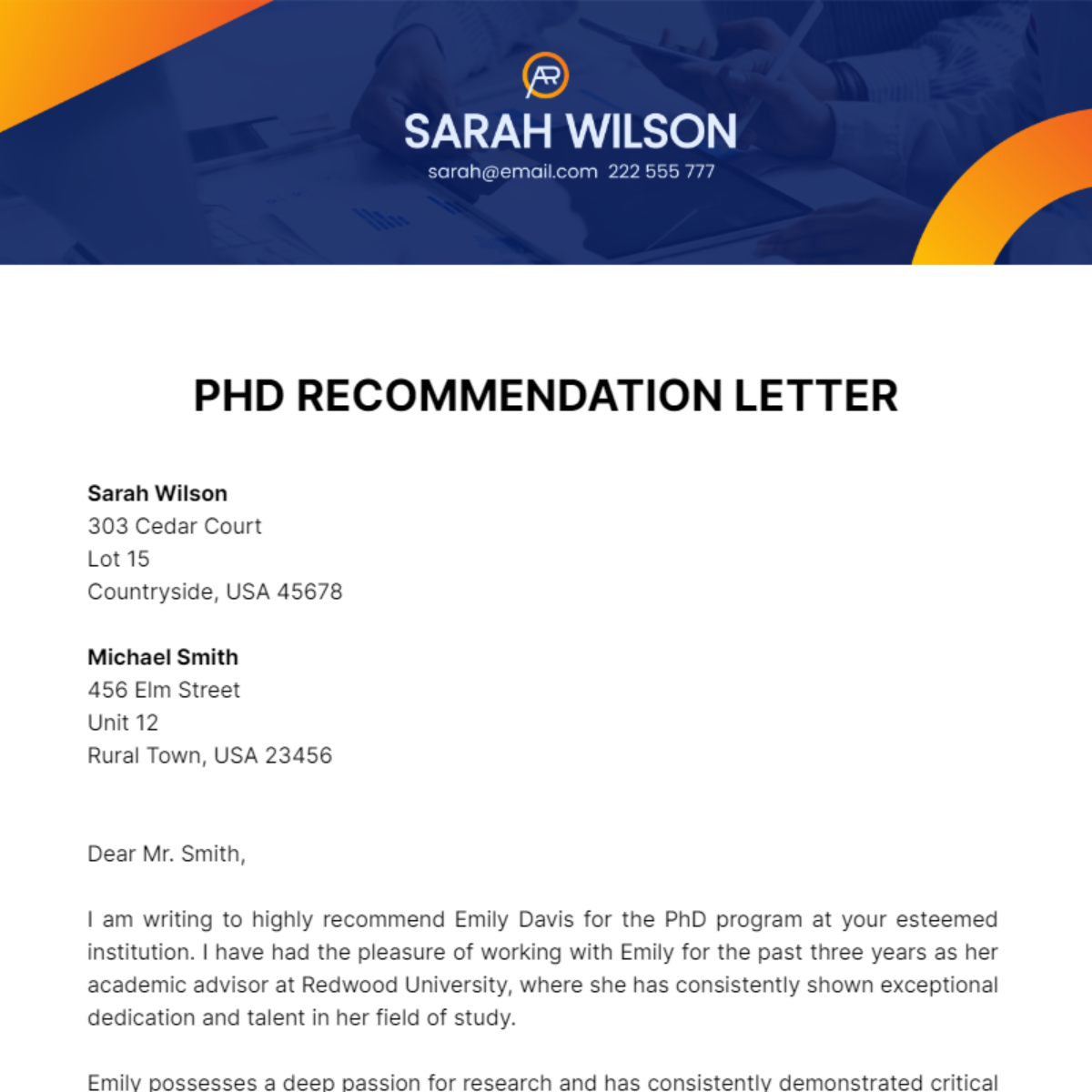 PhD Recommendation Letter Template