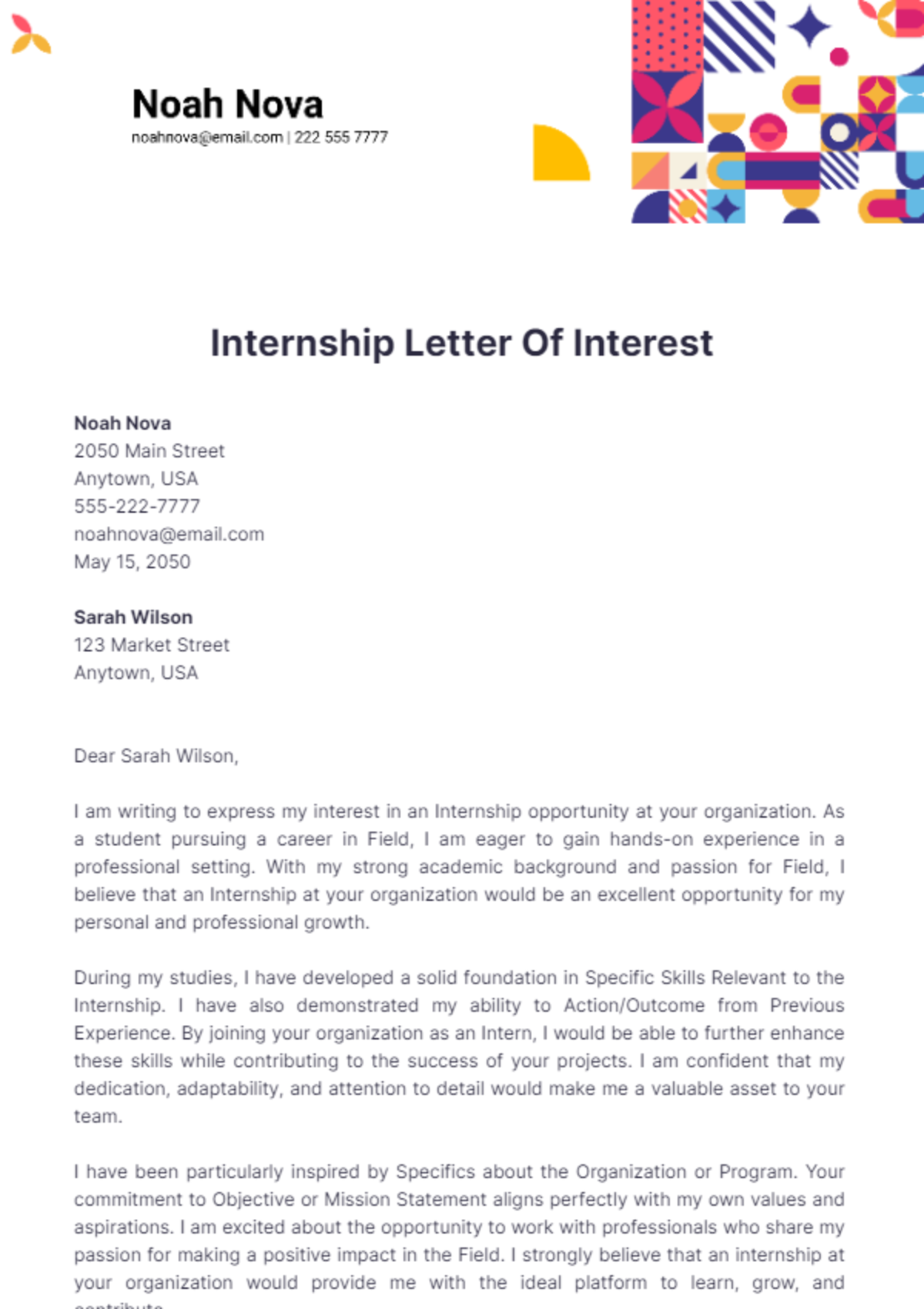 Internship Letter Of Interest Template - Edit Online & Download