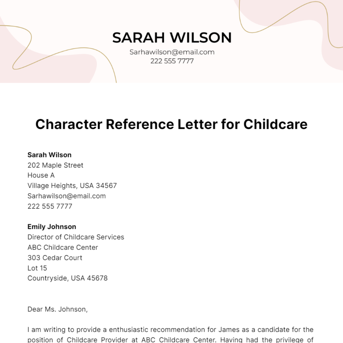 Character Reference Letter For Childcare Template